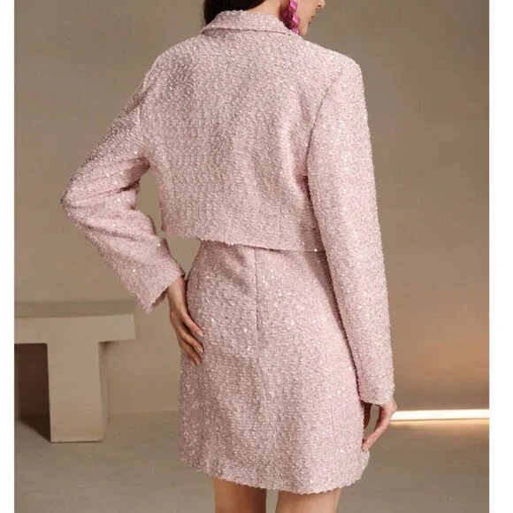 Elegant Sequin tweed Dress & Blazer 2 piece Suit Set pink - Picture 3 of 12